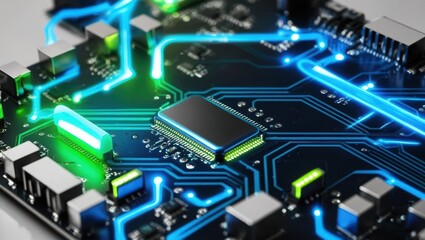 Obraz premium Computer circuit with green and blue lights featuring illuminated pathways in modern technology design