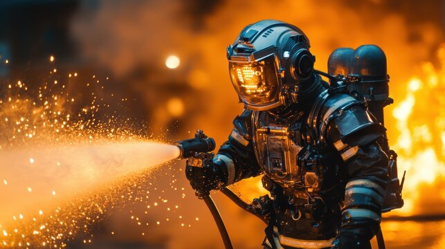 Firefighter action scene urban environment image of heroism nighttime intense firefighting concept