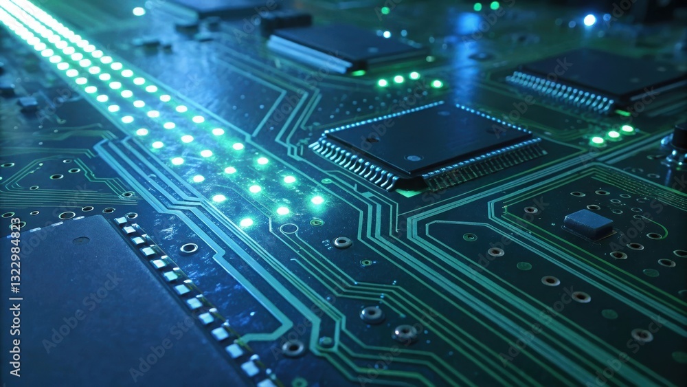 Poster intricate close-up of a circuit board with a radiant light emanating from its complex design
