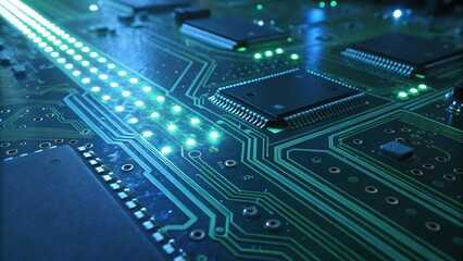 Obraz premium Intricate close-up of a circuit board with a radiant light emanating from its complex design
