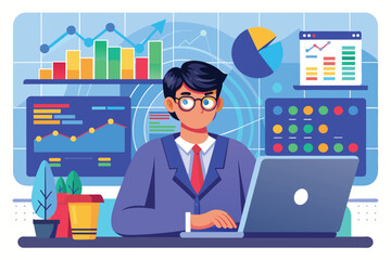 A stock market analyst analyzes trending data on a laptop surrounded by colorful graphs and charts, Stock market analyst data trending