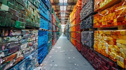 Rows of colorful materials are neatly stacked in a spacious warehouse, creating a vibrant and organized sight. The bright colors enhance the industrial atmosphere of the setting.