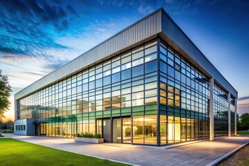 Modern glass-fronted commercial building at dusk, showcasing sleek architectural design and expansive windows reflecting the twilight sky