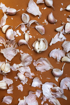Garlic Cloves and Peels Spread Out