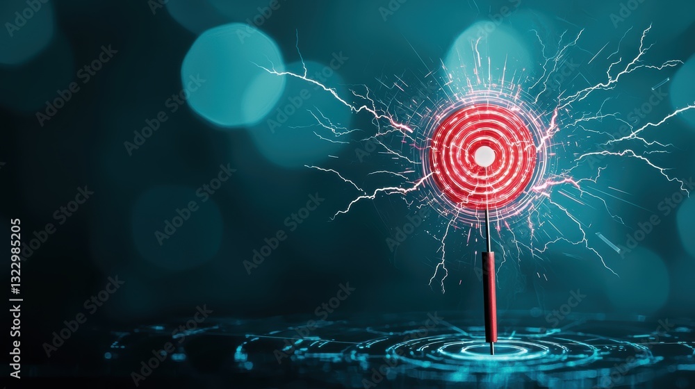Poster digital lightning strikes: digital lightning bolts striking a target on a virtual interface, symboli