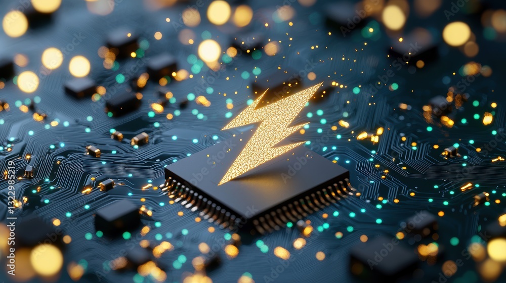Poster lightning bolt integrated into circuit boards: close up of a microchip with a miniature lightning bo