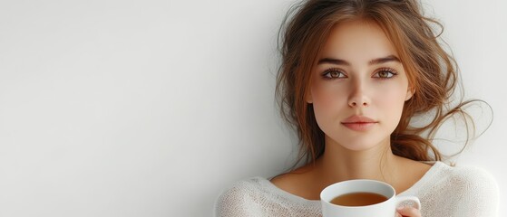 Relaxing woman with tea modern interior portrait photography cozy atmosphere close-up self-care concept
