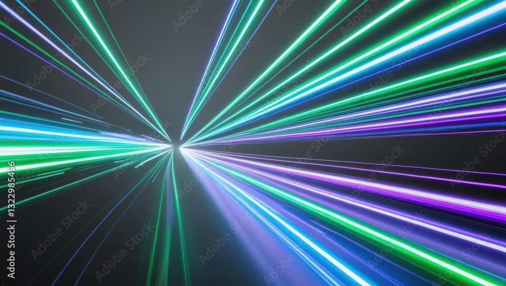 Poster tunnel of light created by fast-moving digital speed lines with neon glow for data transfer