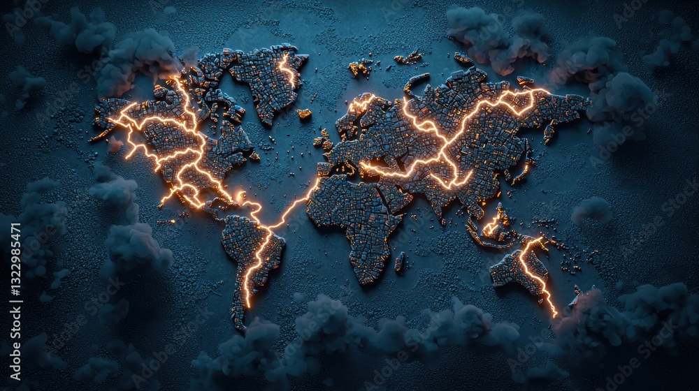 Poster lightning bolts on a global network map: a stylized world map with lightning bolts connecting major 