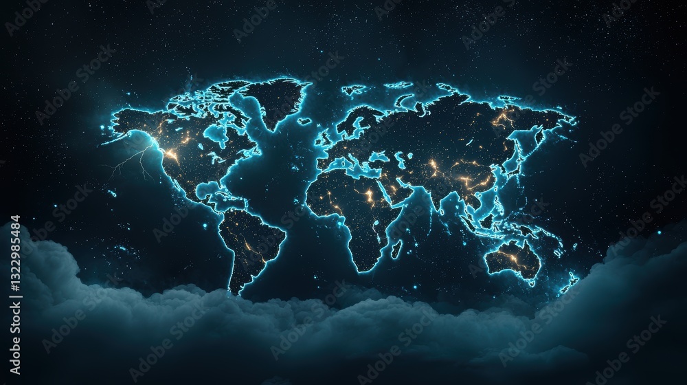 Poster lightning bolts on a global network map: a world map with lightning bolts illuminating areas experie