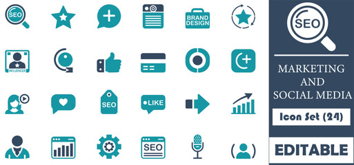 This 24-icon set covers essential digital marketing and social media concepts. Perfect for web, apps, and print, it includes SEO, branding, analytics, and engagement icons.