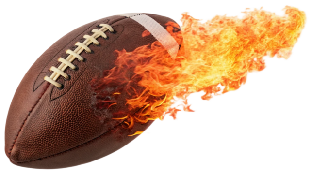 Single American football ball engulfed in roaring flames, soaring through the air with intense motion and energy isolated on white background. Suitable for marketing or business purposes. PNG file