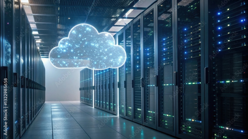 Poster floating cloud representing data cloud computing visualization in a modern digital environment