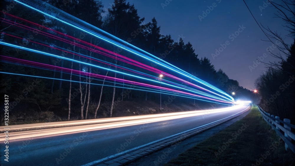Poster road with light trails illustrating fast-moving digital speed lines representing data transfer