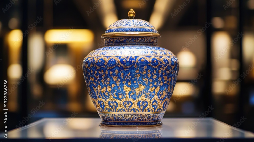 Poster ornate blue decorative jar with intricate patterns displayed in an elegant showcase setting