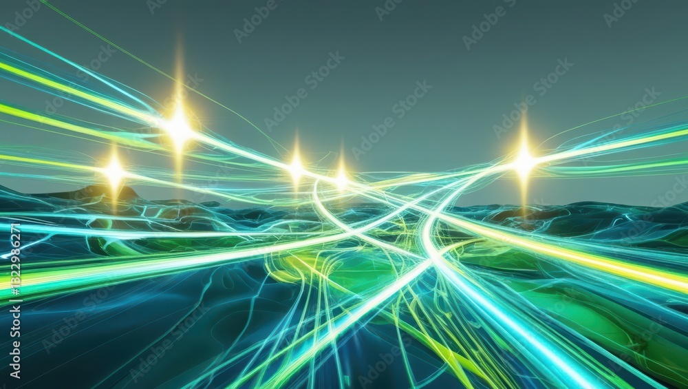 Poster dynamic highway scene with bright pulsing lights and energetic flow in a digital landscape