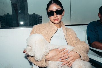 direct flash portrait stylish woman with her dog