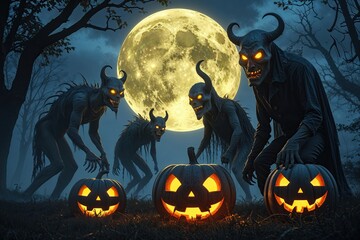 Spooky Halloween Night Featuring Terrifying Monsters and a Luminous Moon
