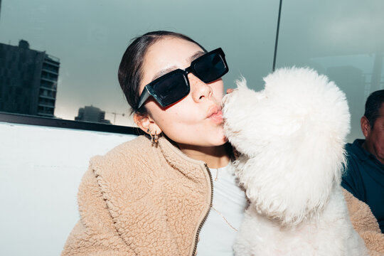 UGC Direct flash portrait young woman with Dog
