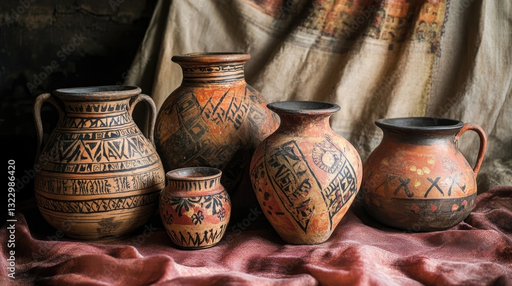 Poster traditional clay pottery collection with intricate patterns and textures on rustic fabric background