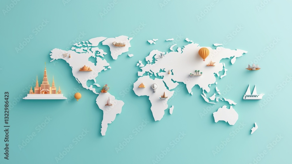 Poster world map: a stylized world map with icons representing different cultures and landmarks, showcasing