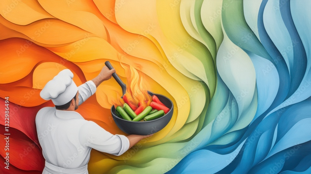 Poster a chef tossing vegetables in a flaming wok, vibrant colors and dynamic movement