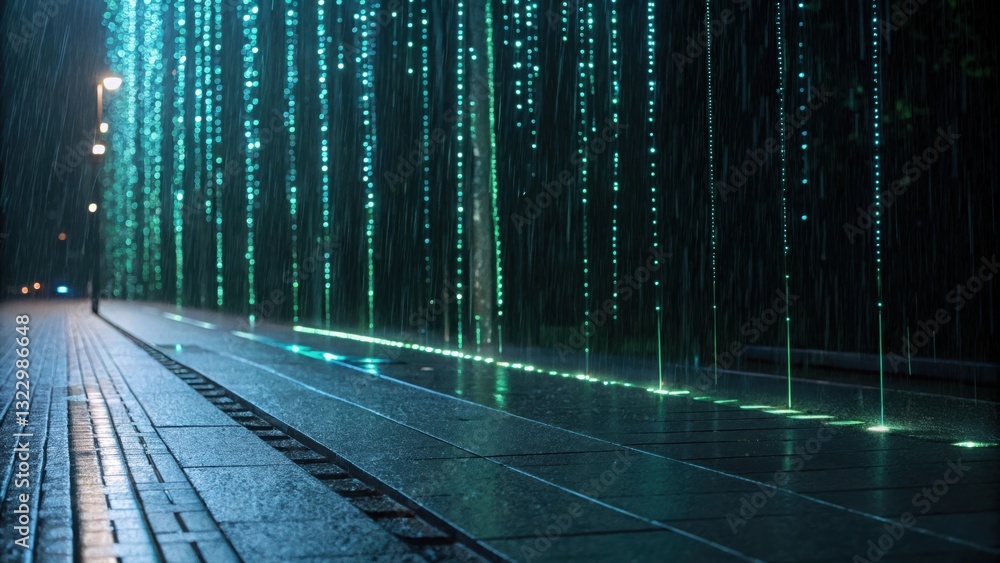 Poster immersive rain shower scene with falling binary codes creating a futuristic atmosphere