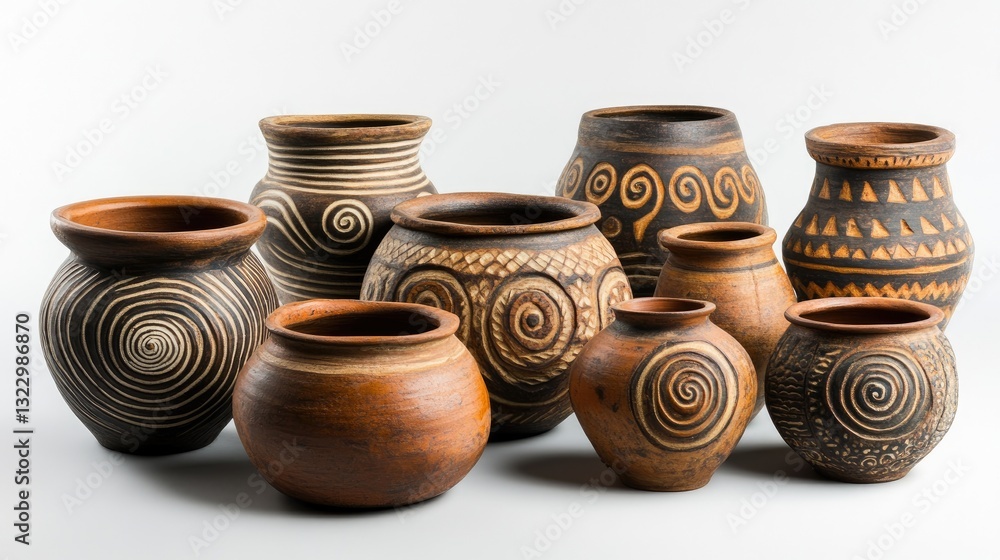 Poster collection of traditional handcrafted pottery with intricate designs and patterns on display