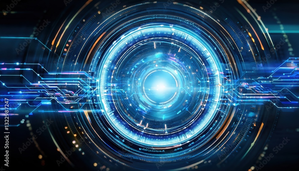 Poster futuristic blue and orange circle representing a pulsating energy core of artificial intelligence