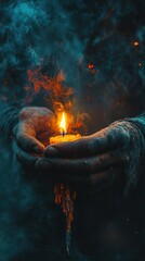 Close-Up of a Person Holding a Candle with a Bright Flame in Darkness