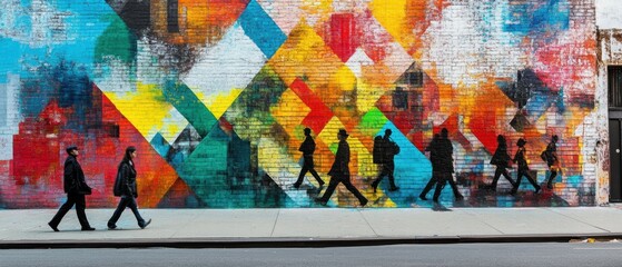 Colorful Mural on Brick Wall with Passersby in Urban Setting