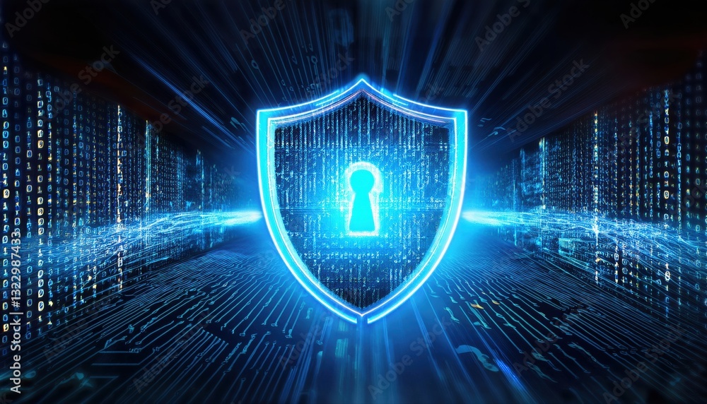 Poster security shield with glowing blue light and encrypted codes representing cyber security protection