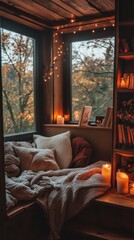 Cozy Reading Nook with Warm Lighting for Relaxation and Comfort