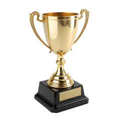Gold trophy cup on black base. Award, winner, success.