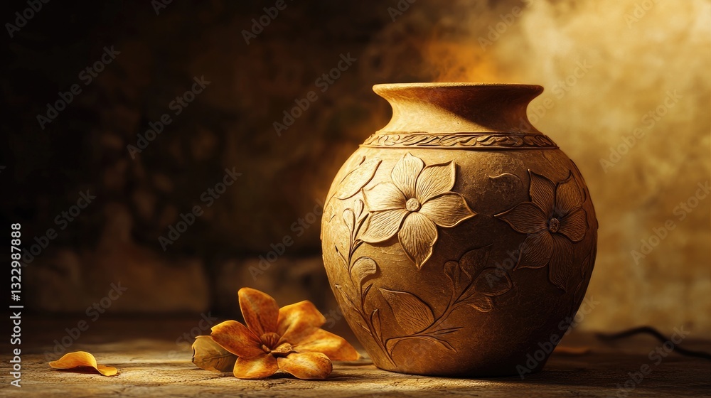 Poster elegant clay pot with flower pattern on wooden table surrounded by nature elements and soft light ba