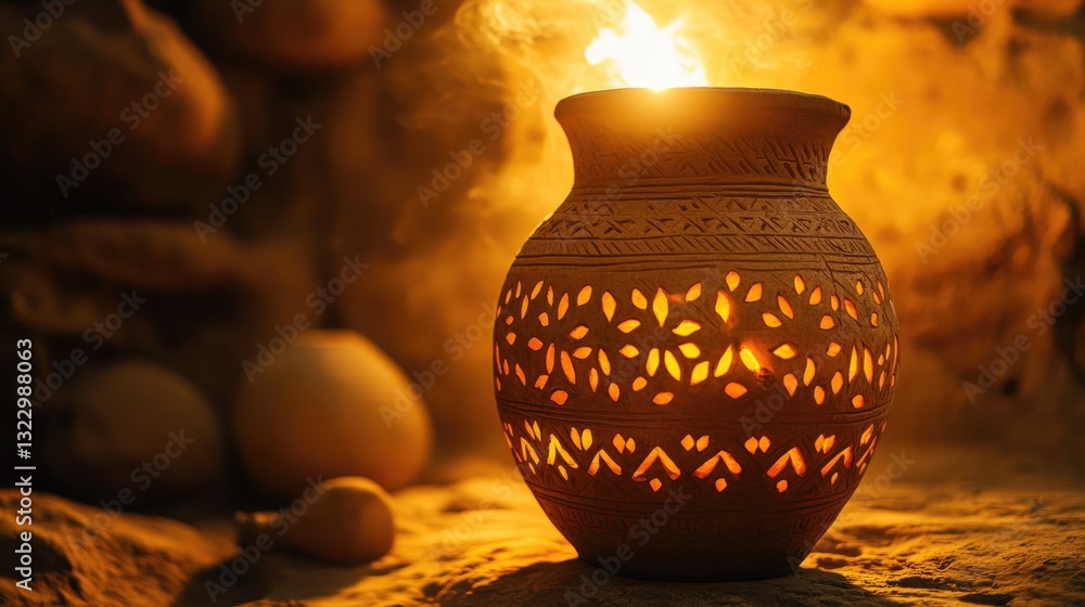 Poster glowing clay pot with intricate patterns illuminating warm ambient light in rustic setting
