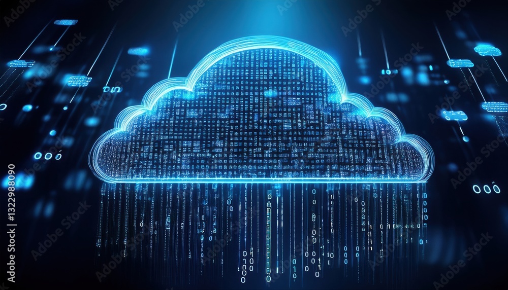 Poster cloud with binary symbols illustrating the concept of data cloud computing in a digital landscape