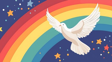 White dove soaring before a rainbow symbolizing peace, love, and freedom