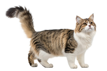 Adult munchkin cat, isolated on white background. Cute munchkin cat standing in front of white background. Studio photo. 