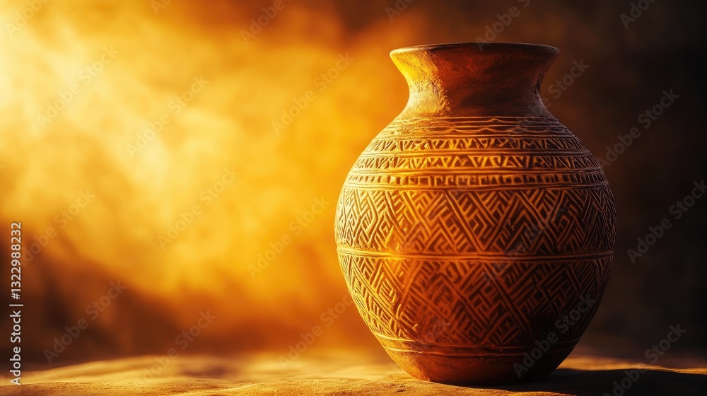 Poster rustic clay pot with intricate patterns on warm background highlighting textures and artistry