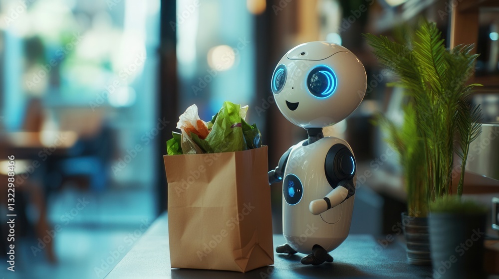 Aufkleber friendly robot delivers groceries in a futuristic smart home environment with advanced technology at