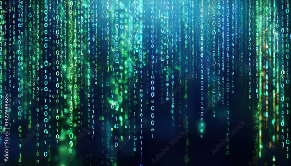 Poster neon green and blue binary code falling in a stream representing digital information flow