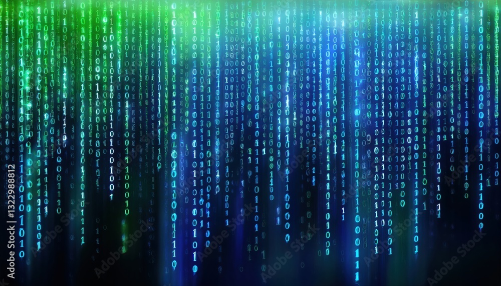 Poster dynamic stream of neon green and blue falling binary code illustrating digital data processing