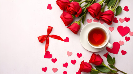 Valentine's Day background. Gift box, red roses, hot tea in cup and aper hearts on background. Flat lay, directly above, copy space.