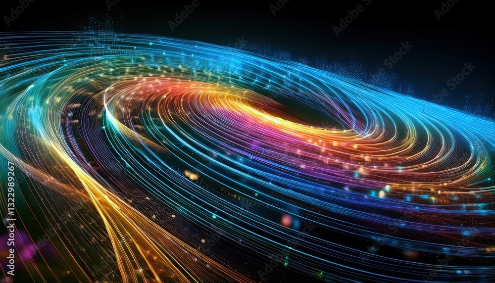Poster colorful swirl of glowing particles creating a dynamic and intricate fractal design in motion