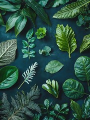 Variety of Fresh Green Leaves on Dark Blue Background