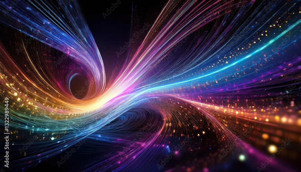 Poster abstract background of colorful glowing particles forming an intricate swirling design of light
