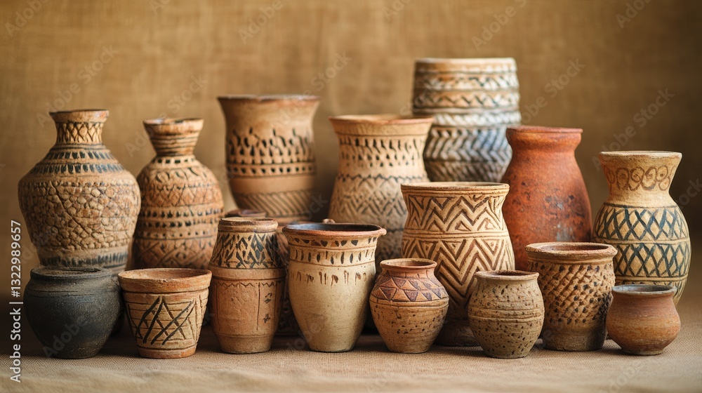 Poster collection of handmade clay pots displayed with intricate patterns and designs in natural light