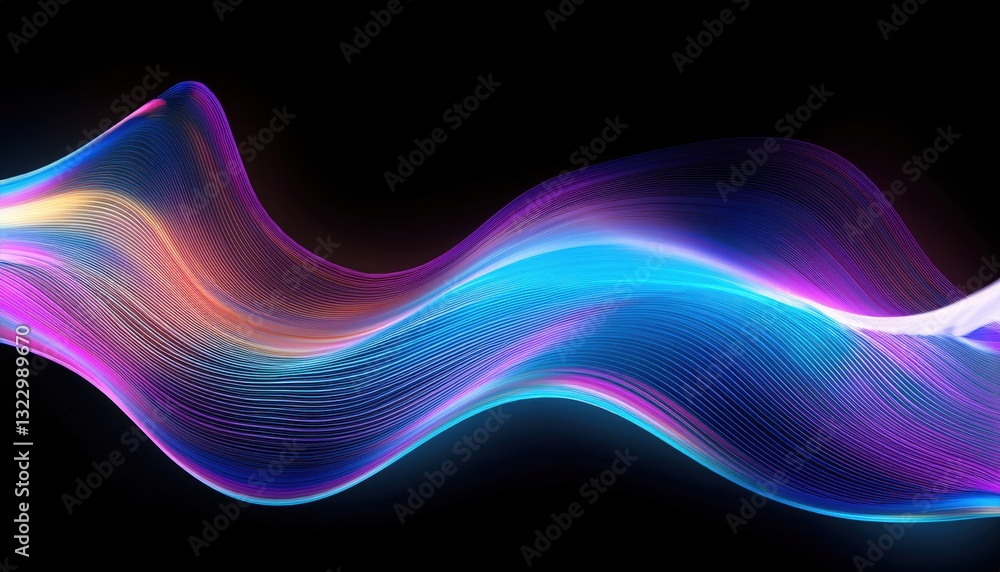 Poster smooth flowing wave of holographic light transitioning through a spectrum of colors in motion