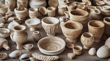 Collection of Handmade Clay Pottery and Decorative Earthenware Crafts on Wooden Surface